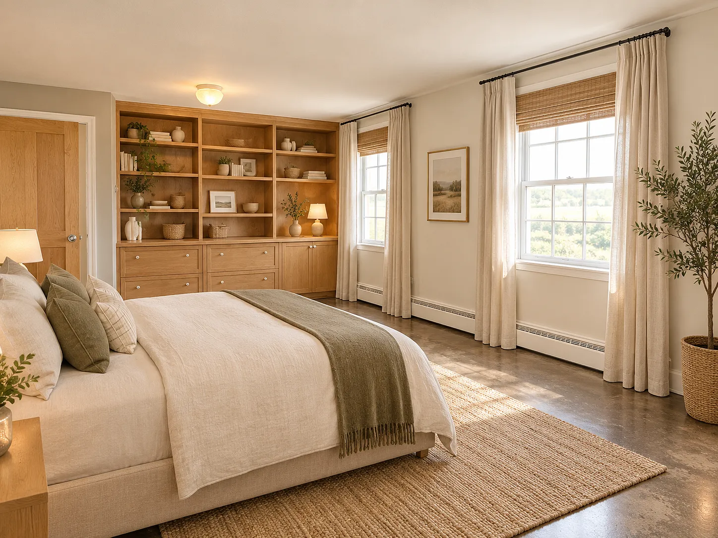 The Nunnery Penthouse Loft — bedroom with custom built-in shelving and polished concrete floors, Denver
