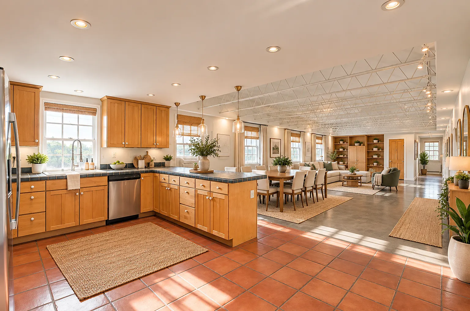The Nunnery Penthouse Loft — kitchen open to dining and living under exposed white trusses, Denver