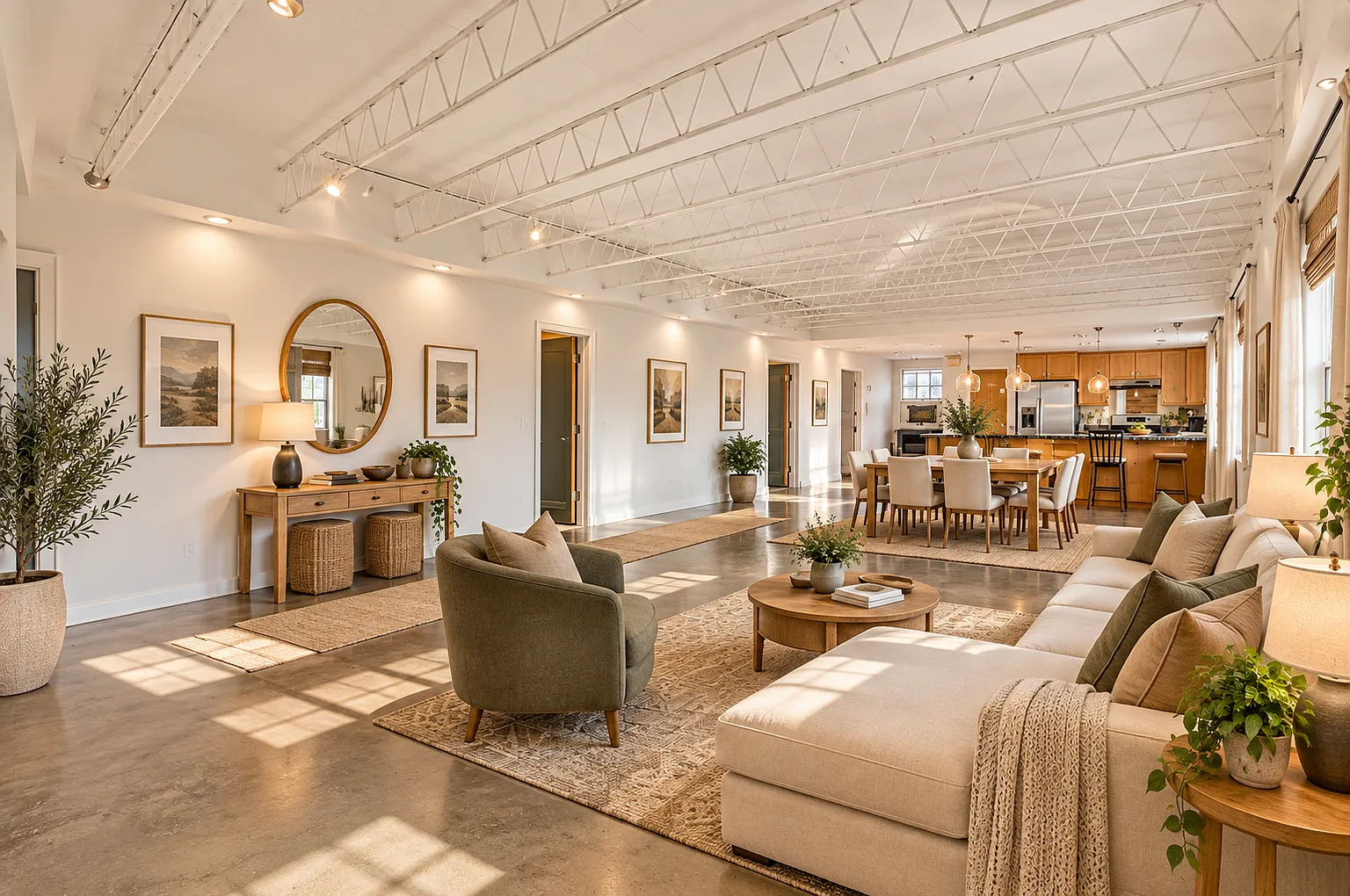 The Nunnery Penthouse Loft — open-plan living room with exposed white trusses and polished concrete floors, 375 S Navajo St, Denver